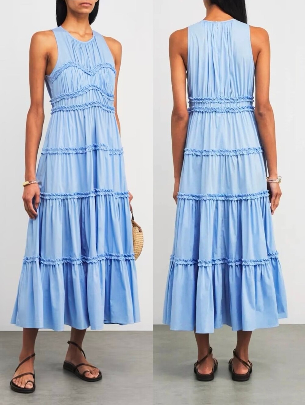 NWT CINQ A SEPT Blue Sirrina Ruched Ruffle Detail Tiered Flowy Maxi Dress